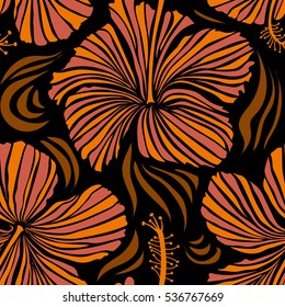 Aloha T-Shirt design. Aloha Hawaii, Luau Party invitation on black background with hibiscus flowers in orange colors. Vector seamless pattern. Best creative design for poster, flyer, presentation.