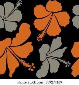 Aloha T-Shirt design. Aloha Hawaii, Luau Party invitation on black background with hibiscus flowers in orange and beige colors. Vector seamless pattern. Best creative design for poster, flyer, print.