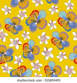 Aloha T-Shirt design. Aloha Hawaii, Luau Party invitation on yellow background with hibiscus flowers. Vector seamless pattern. Best creative design for poster, flyer, presentation.
