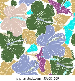 Aloha T-Shirt design. Aloha Hawaii, Luau Party invitation on white background with hibiscus flowers in green, blue and beige colors. Vector seamless pattern. Best creative design for fabric or textile