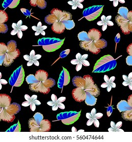 Aloha T-Shirt design. Aloha Hawaii, Luau Party invitation on black background with multicolored hibiscus flowers. Vector seamless pattern. Best creative design for poster, flyer, presentation.