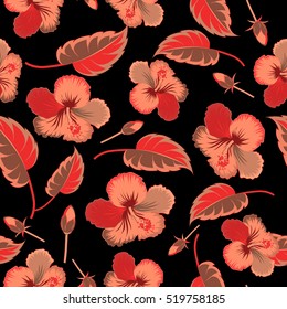 Aloha T-Shirt design. Vector seamless pattern. Best creative design for poster, flyer, presentation. Aloha Hawaii, Luau Party invitation on black background with hibiscus flowers in red colors.