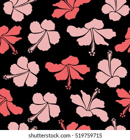 Aloha T-Shirt design. Vector seamless pattern. Best creative design for poster, flyer, presentation. Aloha Hawaii, Luau Party invitation on black background with hibiscus flowers in pink colors.