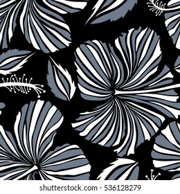 Aloha T-Shirt design. Vector seamless pattern. Best creative design for poster, flyer, textile. Aloha Hawaii, Luau Party invitation on black background with hibiscus flowers in white and gray colors.