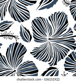 Aloha T-Shirt design. Vector seamless pattern. Best creative design for poster, flyer, fabric. Aloha Hawaii, Luau Party invitation on white background with hibiscus flowers in blue and black colors.