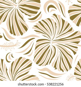 Aloha T-Shirt design. Vector seamless pattern. Best creative design for poster, flyer, fabric. Aloha Hawaii, Luau Party invitation on white background with hibiscus flowers in beige and green colors.