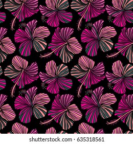 Aloha T-Shirt design. Vector seamless pattern. Black backdrop with hibiscus flowers in magenta, pink and purple colors. Best creative design for fabric, textile.