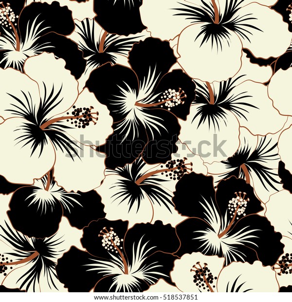 Tシャツ印刷用の白黒のハイビスカス花柄イラストを使用したアロハタイポグラフィ のベクター画像素材 ロイヤリティフリー