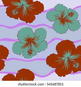 Aloha typography with blue and brown hibiscus floral illustration for t-shirt print, seamless pattern Vector illustration.