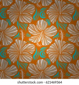 Aloha typography with blue, white and orange hibiscus floral illustration for t-shirt print, Vector illustration.