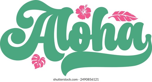 Diseño de tipografía Aloha sobre fondo blanco liso transparente aislado para tarjeta, camisa, sudadera, sudadera, ropa, etiqueta, taza, icono, póster o placa