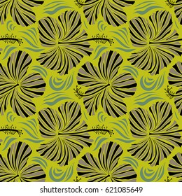 Aloha typography with green, black, beige and yellow hibiscus floral illustration for t-shirt print, seamless pattern Vector illustration.
