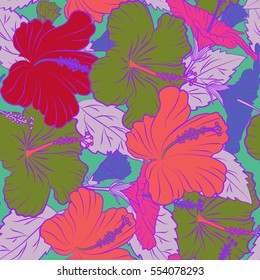 Aloha typography with green, violet and red hibiscus floral illustration for t-shirt print, seamless pattern Vector illustration.