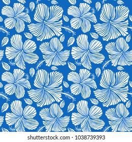 Aloha typography with hibiscus floral illustration for t-shirt print, vector illustration in white color on blue background.