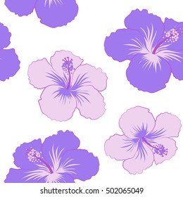 Aloha typography with hibiscus floral illustration for t-shirt print, seamless pattern vector illustration in violet colors on white background.