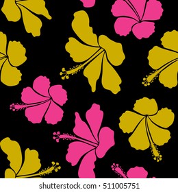 Aloha typography with hibiscus floral illustration for t-shirt print, seamless pattern vector illustration in pink and yellow colors on black background.