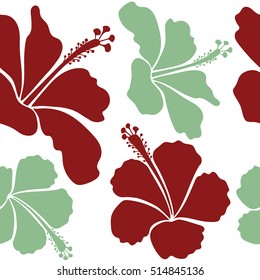 Aloha typography with hibiscus floral illustration for t-shirt print, seamless pattern vector illustration in red and neutral colors on white background.