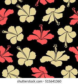Aloha typography with hibiscus floral illustration for t-shirt print, seamless pattern vector illustration in pink and neutral colors on black background.