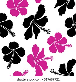 Aloha typography with hibiscus floral illustration for t-shirt print, seamless pattern vector illustration in black and violet colors on white background.