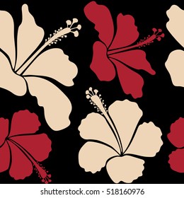 Aloha typography with hibiscus floral illustration for t-shirt print, seamless pattern vector illustration in red and beige colors on black background.