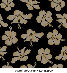 Aloha typography with hibiscus floral illustration for t-shirt print, seamless pattern vector illustration in brown and gray colors on black background.