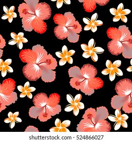 Aloha typography with hibiscus floral illustration for t-shirt print, vector illustration in pink, orange and red colors on black background.