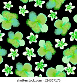 Aloha typography with hibiscus floral illustration for t-shirt print, vector illustration in blue, green and neutral colors on black background.