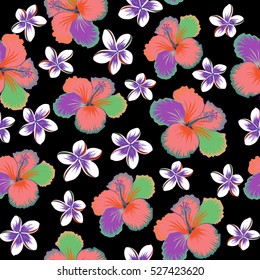 Aloha typography with hibiscus floral illustration for t-shirt print, seamless pattern vector illustration in violet, green and orange colors on black background.