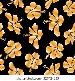 Aloha typography with hibiscus floral illustration for t-shirt print, seamless pattern vector illustration in beige and yellow colors on black background.