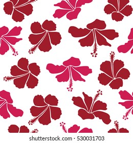 Aloha typography with hibiscus floral illustration for t-shirt print, seamless pattern vector illustration in red and magenta colors on white background.