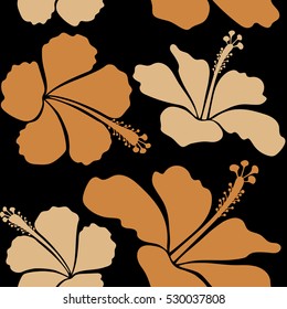 Aloha typography with hibiscus floral illustration for t-shirt print, seamless pattern vector illustration in orange and beige colors on black background.