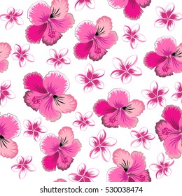 Aloha typography with hibiscus floral illustration for t-shirt print, seamless pattern vector illustration in magenta, pink and purple colors on white background.