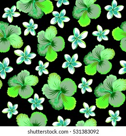 Aloha typography with hibiscus floral illustration for t-shirt print, seamless pattern vector illustration in green, blue and neutral colors on black background.