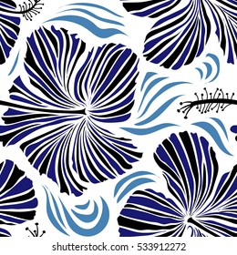 Aloha typography with hibiscus floral illustration for t-shirt print, seamless pattern vector illustration in black and blue colors on white background.