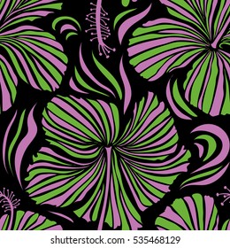 Aloha typography with hibiscus floral illustration for t-shirt print, seamless pattern vector illustration in green and violet colors on black background.