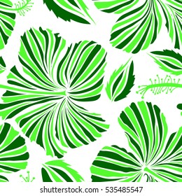 Aloha typography with hibiscus floral illustration for t-shirt print, seamless pattern vector illustration in white and green colors on white background.