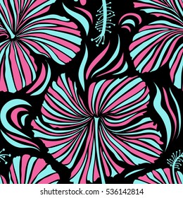 Aloha typography with hibiscus floral illustration for t-shirt print, seamless pattern vector illustration in blue and pink colors on black background.