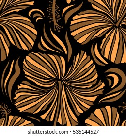 Aloha typography with hibiscus floral illustration for t-shirt print, vector illustration in brown and orange colors on black background.