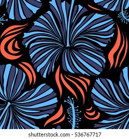 Aloha typography with hibiscus floral illustration for t-shirt print, seamless pattern vector illustration in blue and violet colors on black background.