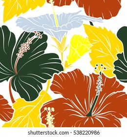 Aloha typography with hibiscus floral illustration for t-shirt print, seamless pattern vector illustration in yellow and orange colors on white background.