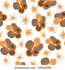 Aloha typography with hibiscus floral illustration for t-shirt print, seamless pattern vector illustration in brown, orange and beige colors on white background.