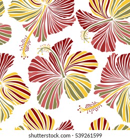 Aloha typography with hibiscus floral illustration for t-shirt print, seamless pattern vector illustration in red, yellow and pink colors on white background.