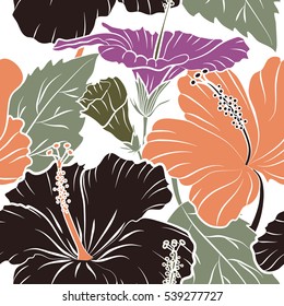 Aloha typography with hibiscus floral illustration for t-shirt print, seamless pattern vector illustration in purple and orange colors on white background.
