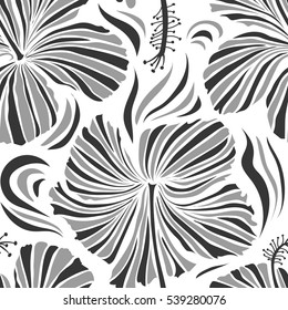Aloha typography with hibiscus floral illustration for t-shirt print, vector illustration in gray colors on white background.