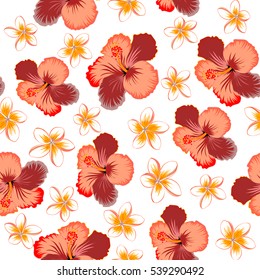 Aloha typography with hibiscus floral illustration for t-shirt print, seamless pattern vector illustration in pink, red and orange colors on white background.