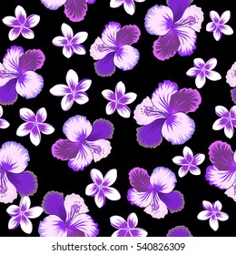 Aloha typography with hibiscus floral illustration for t-shirt print, seamless pattern vector illustration in neutral, violet and purple colors on black background.