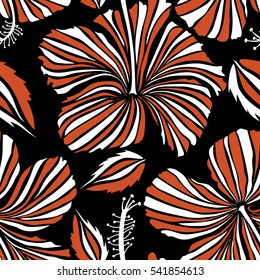 Aloha typography with hibiscus floral illustration for t-shirt print, seamless pattern vector illustration in white and orange colors on black background.