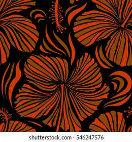 Aloha typography with hibiscus floral illustration for t-shirt print, seamless pattern vector illustration in orange and brown colors on black background.