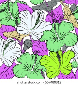 Aloha typography with hibiscus floral illustration for t-shirt print, vector illustration in green and violet colors on white background.