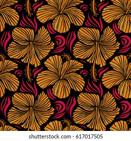 Aloha typography with hibiscus floral illustration for t-shirt print, seamless pattern vector illustration in orange, yellow and red colors on black background.